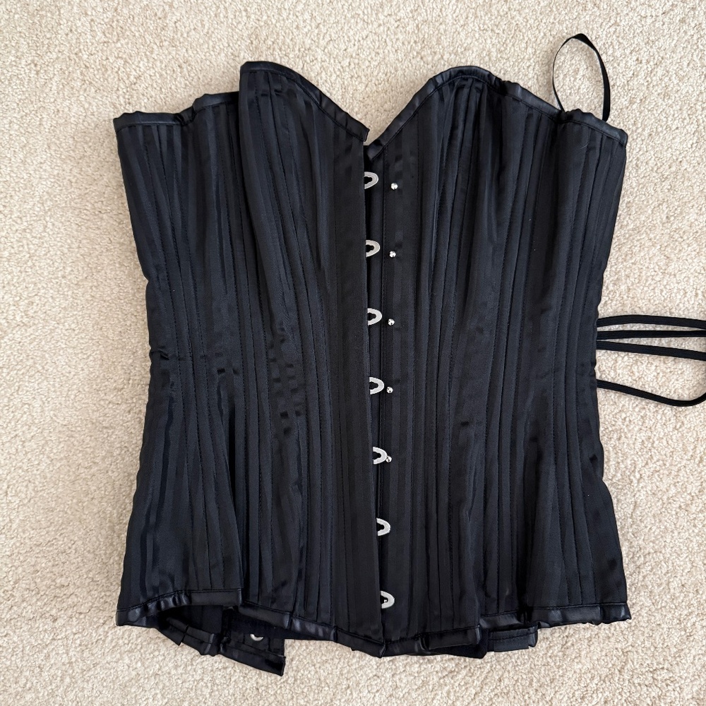 Steel Boned Black Satin Stripe Corset 24" EUC